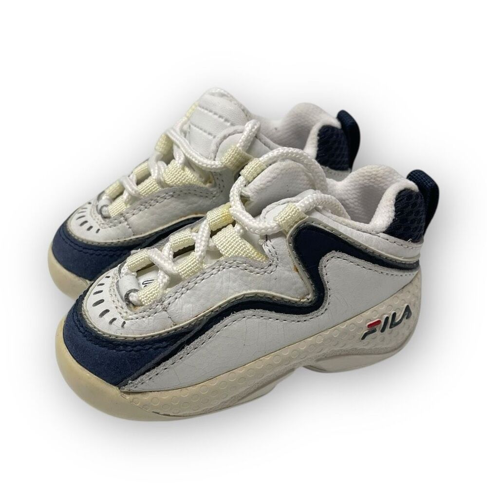 Baby Fila White Blue Lace Up Shoes Sneakers Kicks Infant Size 4 Leather Upper
